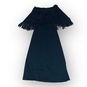 Alison Ayers Original Vintage Off Shoulder Dress Solid Black, Fringe Tassel Trim